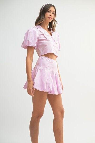 Puff Sleeve Top and Skirt Set: Stylish Button Down Top with Bubble Skirt - Akana Style