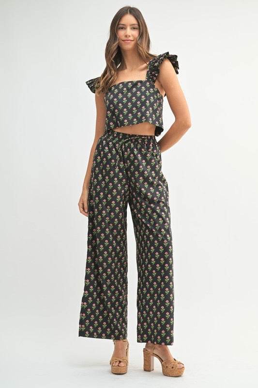 Floral Print Ruffle Top Pants Set for Effortless Style - Akana Style