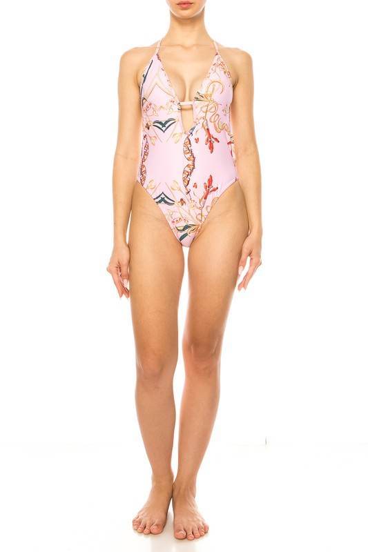 Floral Print One Piece Bathing Suit with Deep Cut Front - Akana Style