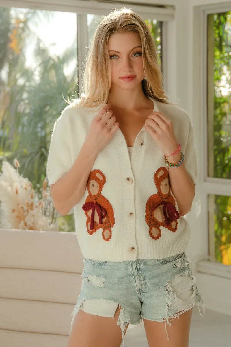 Teddy Bear Button Down Top with Bow Patched Sweater Design - Akana Style