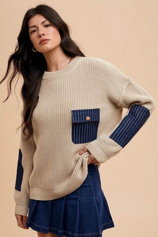 Contrast Round Neck Sweater with Patch Pocket and Drop Shoulder Design - Akana Style