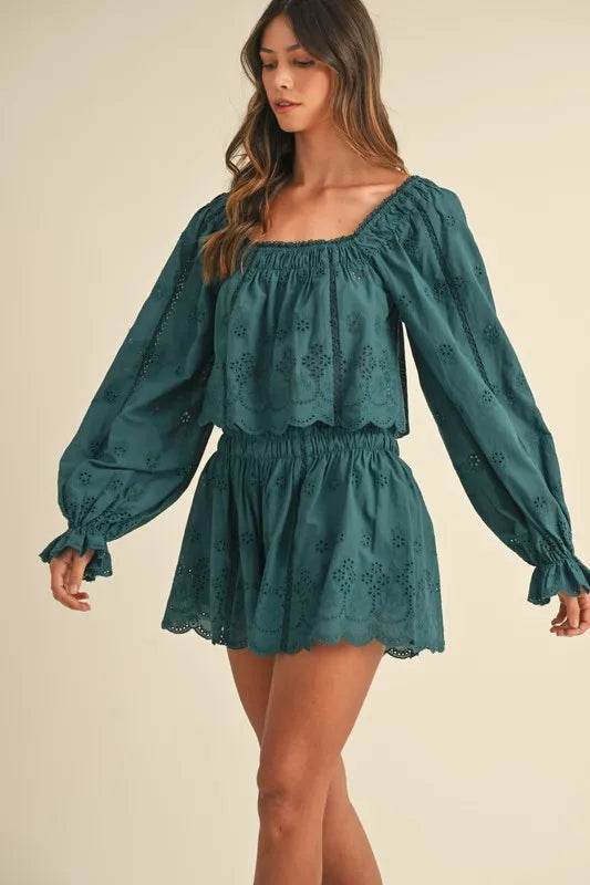 Embroidered Lace Top and Short Set with Scalloped Design - Akana Style