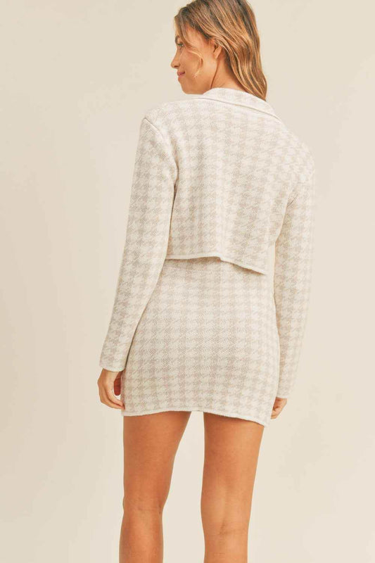 Houndstooth Cardigan and Skirt Set - Cropped Knit Style - Akana Style