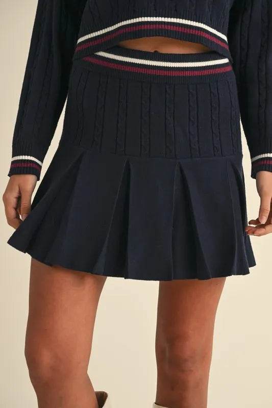 Cable-Knit Sweater Set with Pleated Skirt - Akana Style