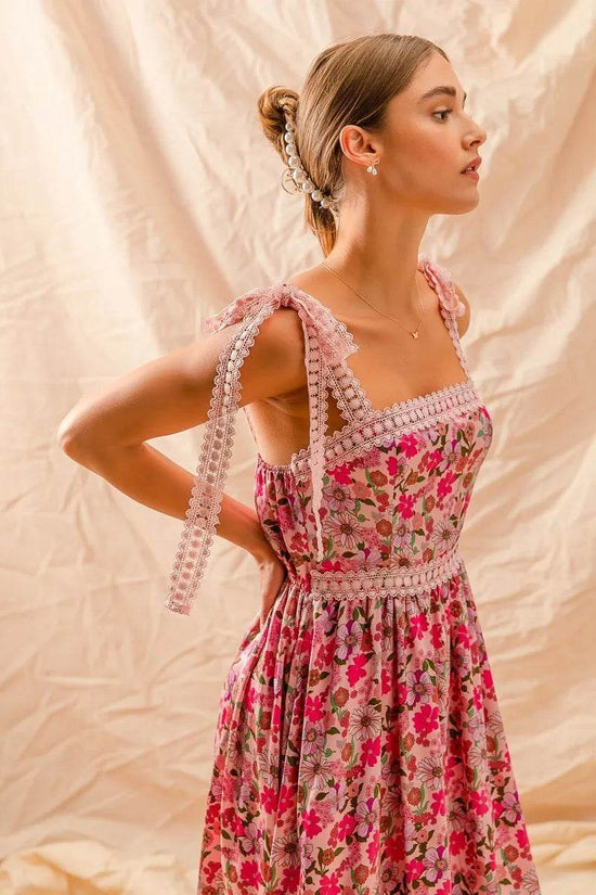 Floral Maxi Dress With Ribbon Tie Lace Strap - Akana Style