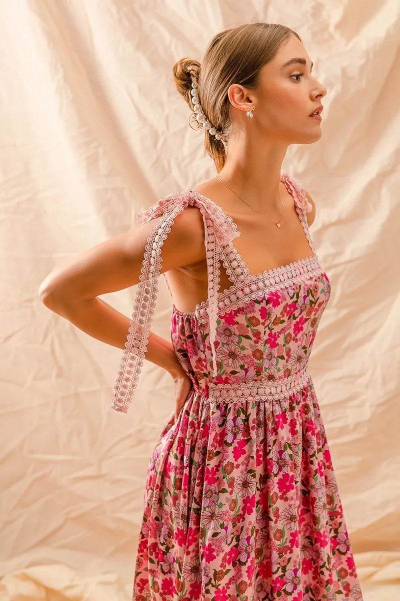 Floral Maxi Dress With Ribbon Tie Lace Strap - Akana Style