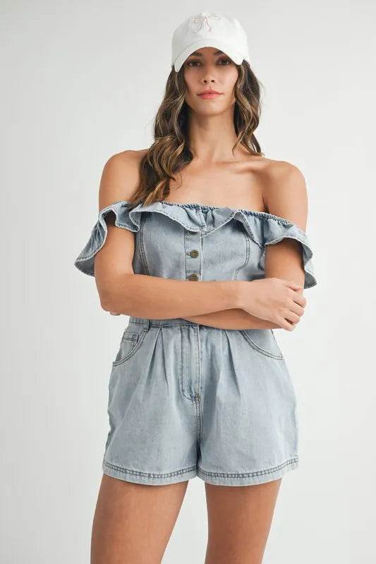 Off Shoulder Denim Romper with Ruffle Detail - Akana Style
