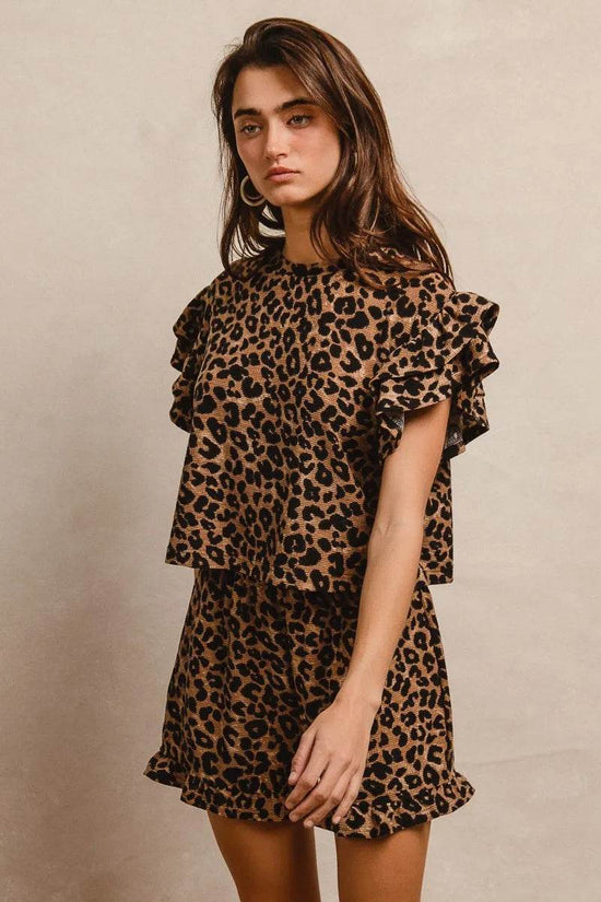 Leopard Print Ruffle Sleeve Set with Waffle Texture Layered Top and Shorts - Akana Style