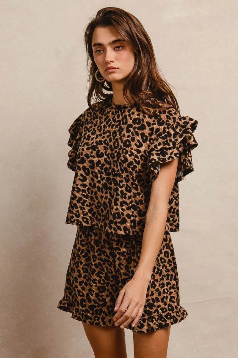 Leopard Print Ruffle Sleeve Set with Waffle Texture Layered Top and Shorts - Akana Style