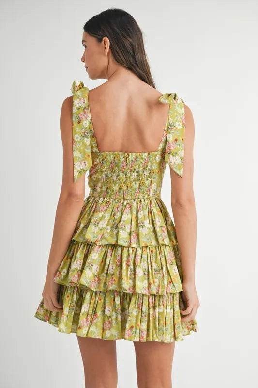 Floral Print Mini Dress with Shoulder Ties and Layered Design - Akana Style