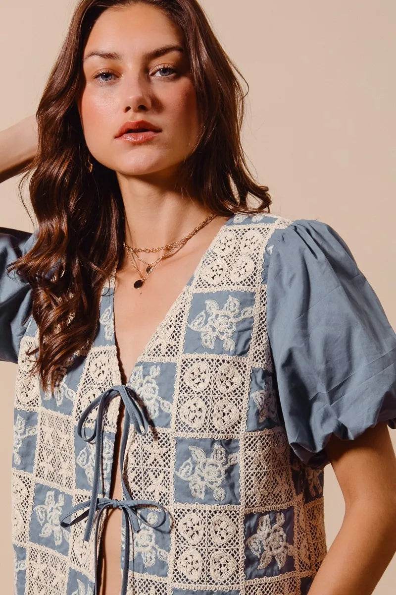 Crochet Lace Blouse with Tie Front V Neck Design - Akana Style