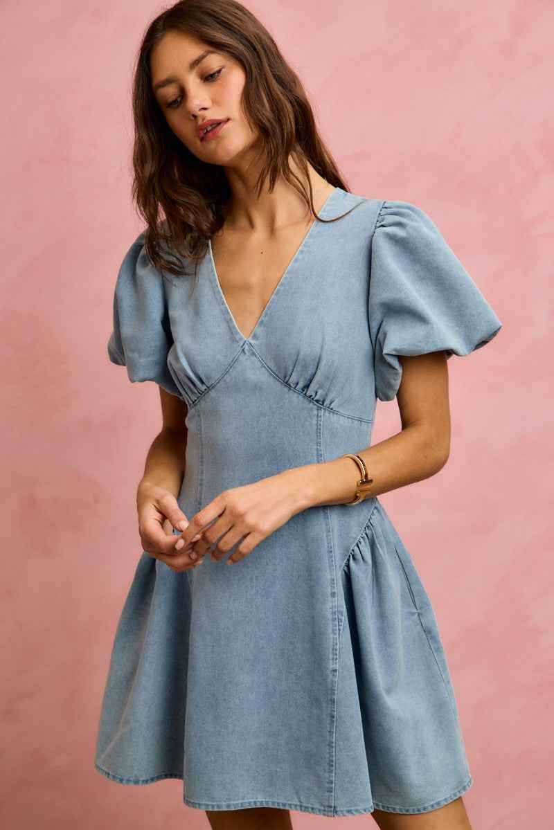 Bubble Sleeves Denim Fit And Flare Mini Dress