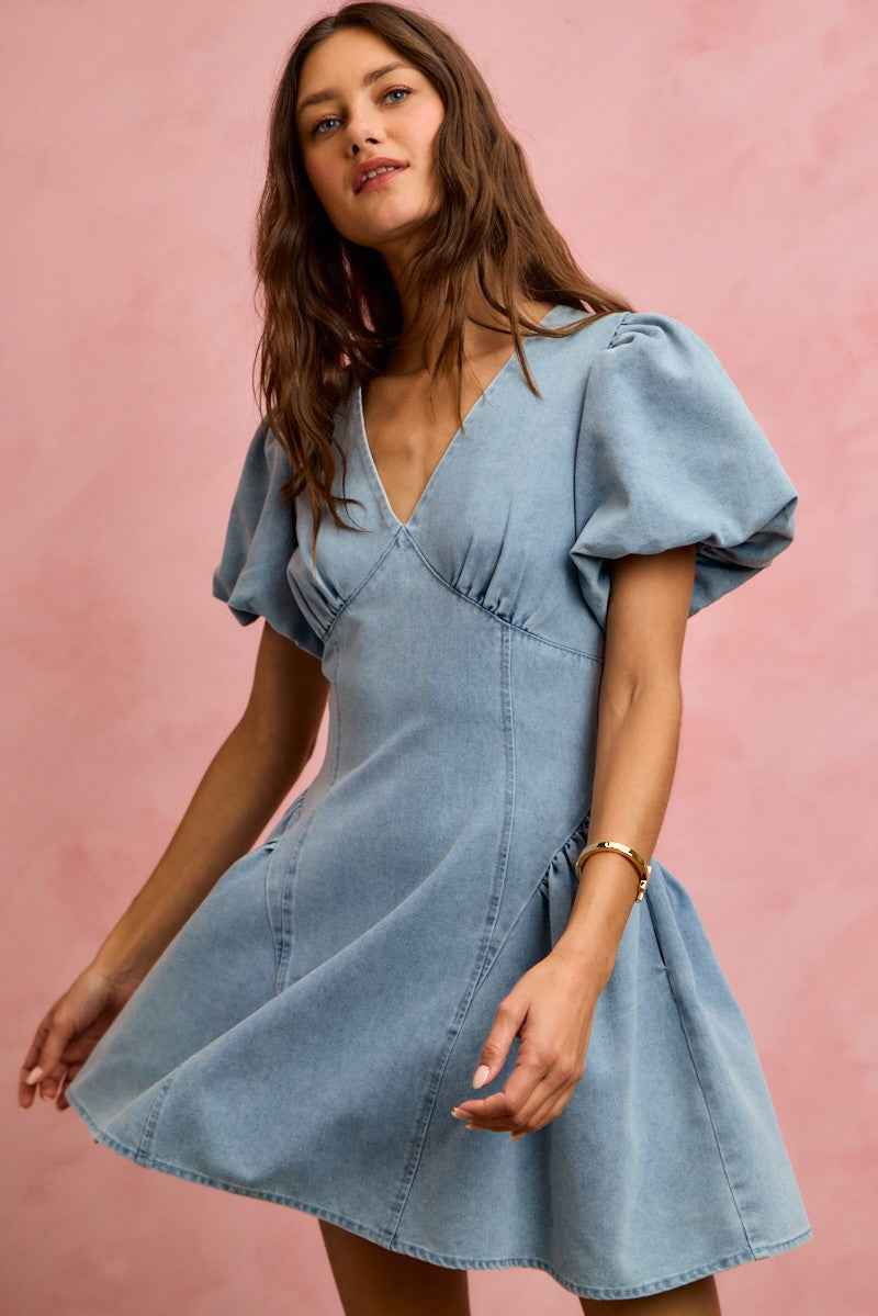 Bubble Sleeves Denim Fit And Flare Mini Dress