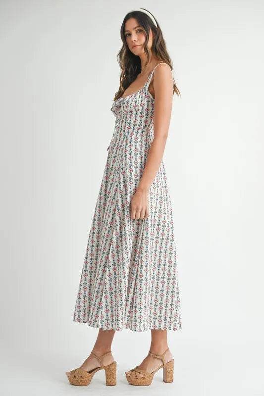 Floral Print Midi Dress with Bustier Back Lace Up Design - Akana Style