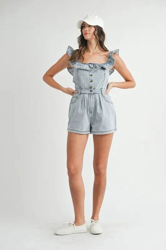 Off Shoulder Denim Romper with Ruffle Detail - Akana Style