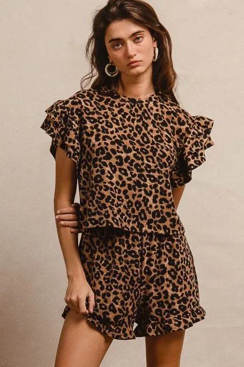 Leopard Print Ruffle Sleeve Set with Waffle Texture Layered Top and Shorts - Akana Style