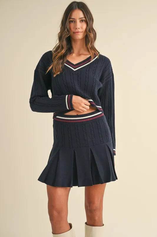 Cable-Knit Sweater Set with Pleated Skirt - Akana Style