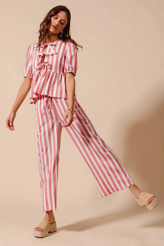 Front Tie Stripe Top Set with Puff Sleeves and Wide Leg Pants - Akana Style