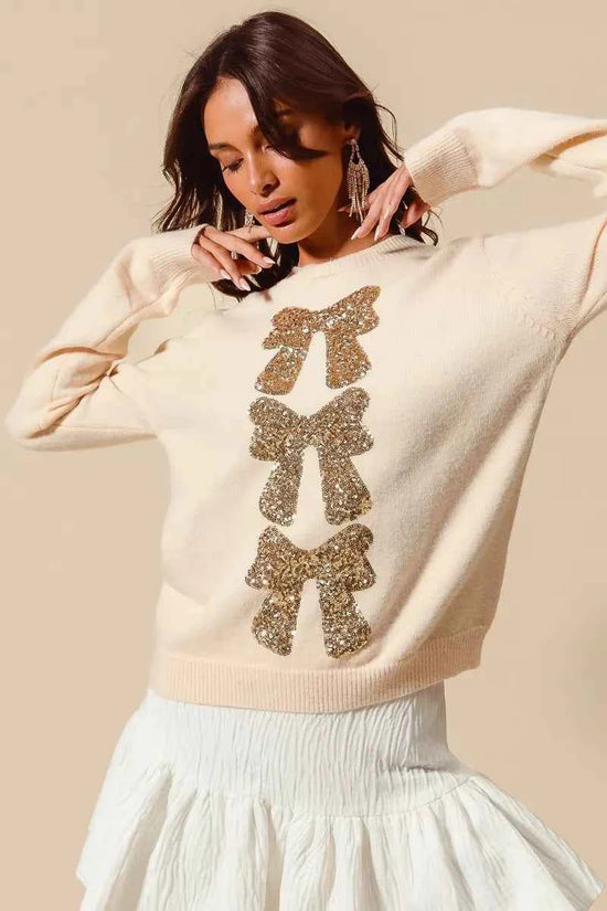 SO ME Sequins Bow Ribbon Embellished Christmas Sweater