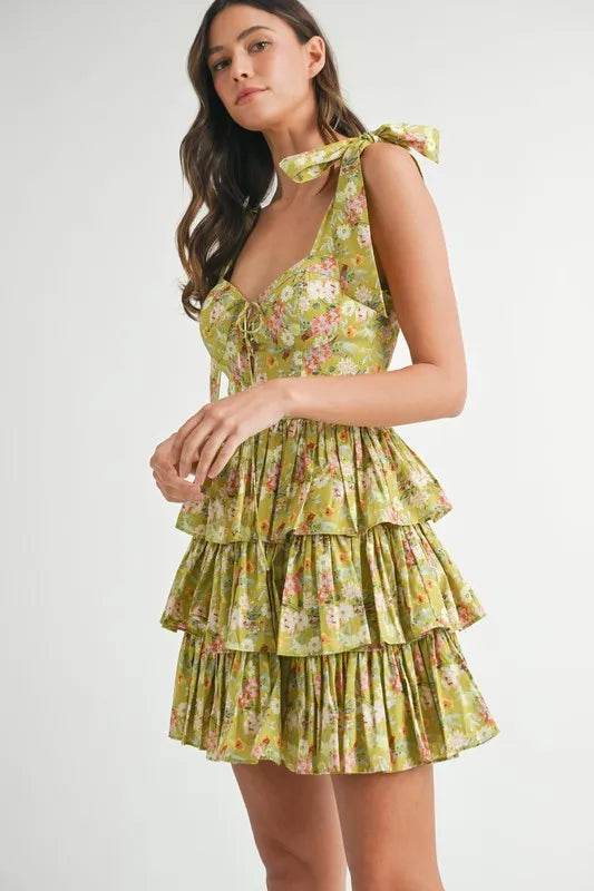 Floral Print Mini Dress with Shoulder Ties and Layered Design - Akana Style