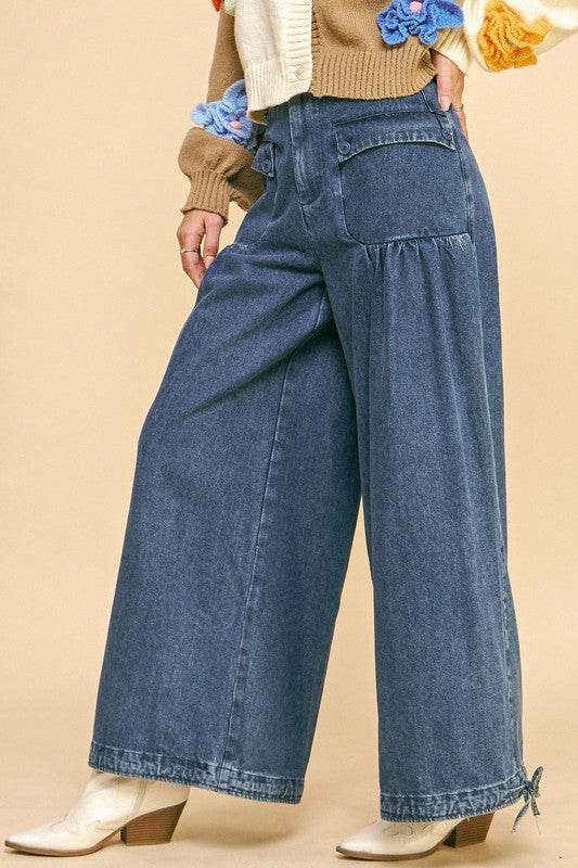 Drawstring Hem Wide Leg Jeans for Effortless Style and Comfort - Akana Style