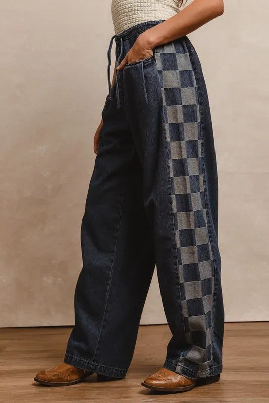 Washed Denim Mix And Match Long Pants - Akana