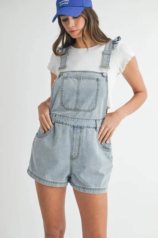 Square Neck Denim Overall Romper with Ruffle Shoulders - Akana Style