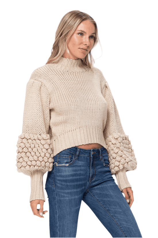 Pom Sleeve Sweater Top - Stylish and Cozy Pom Sleeve Sweater
