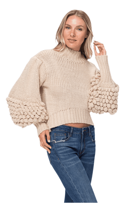 Pom Sleeve Sweater Top - Stylish and Cozy Pom Sleeve Sweater