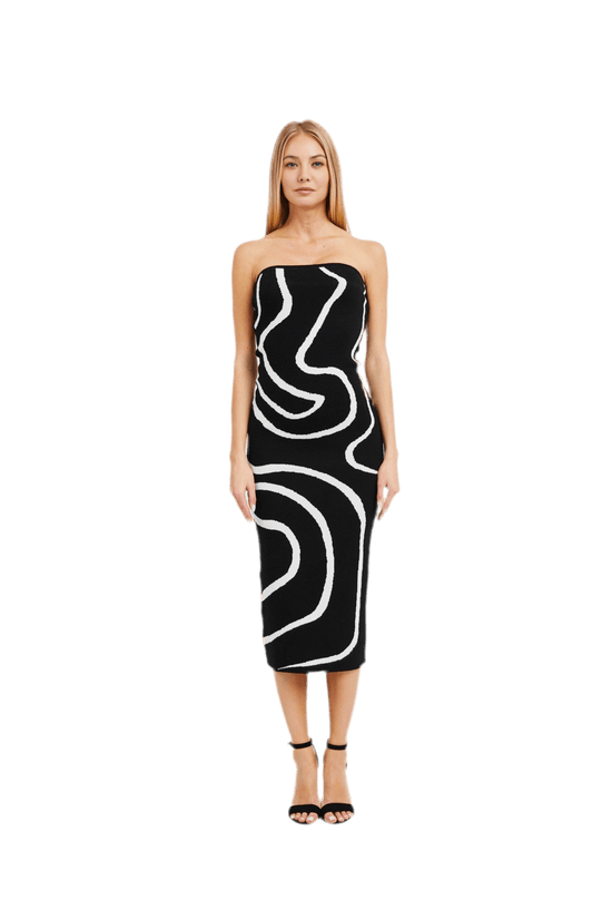 Wavy Print Strapless Midi Dress for Effortless Elegance - Akana