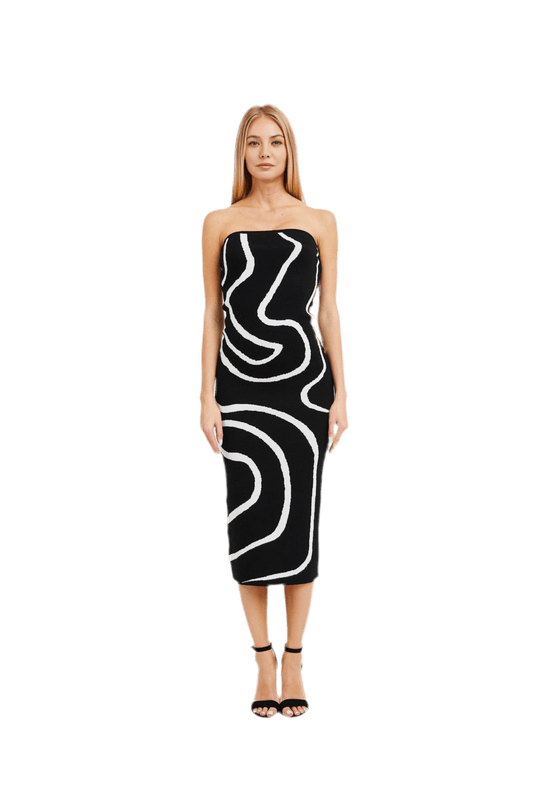 WAVY PRINT STRAPLESS MIDI DRESS