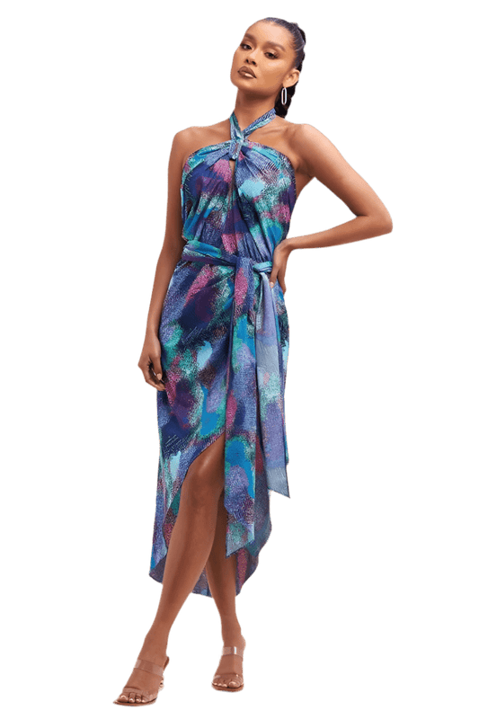 TROPICAL WRAP HALTER DRESS