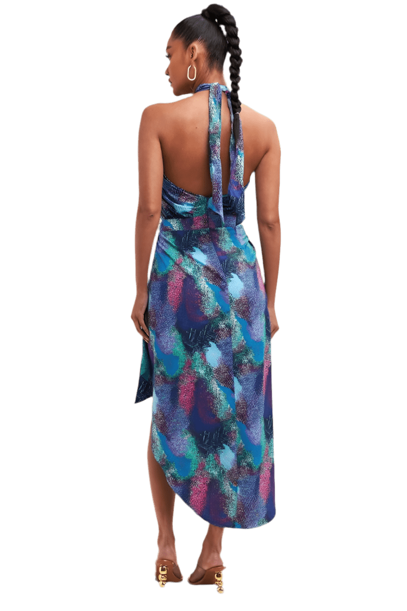 TROPICAL WRAP HALTER DRESS