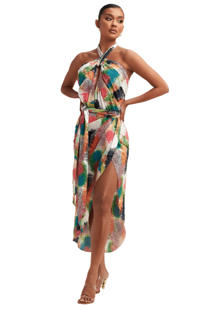 TROPICAL WRAP HALTER DRESS