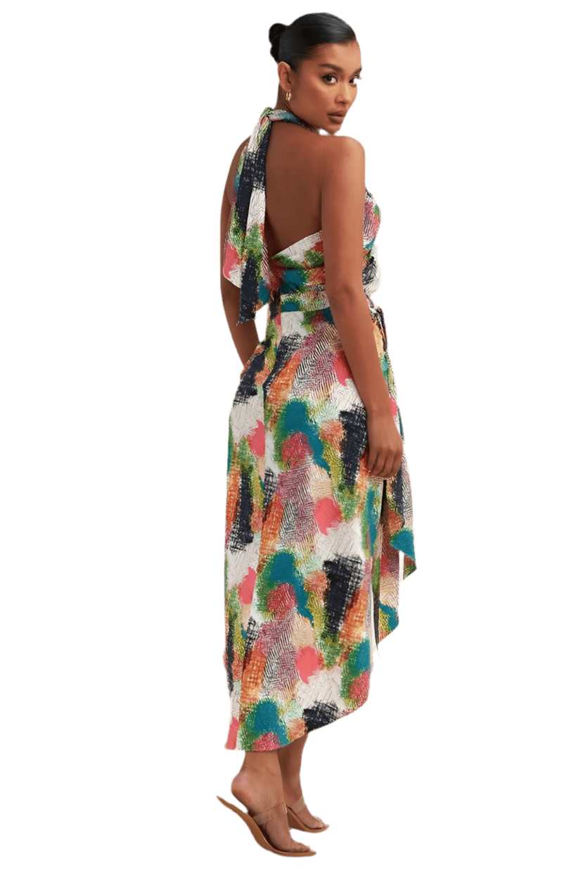 TROPICAL WRAP HALTER DRESS