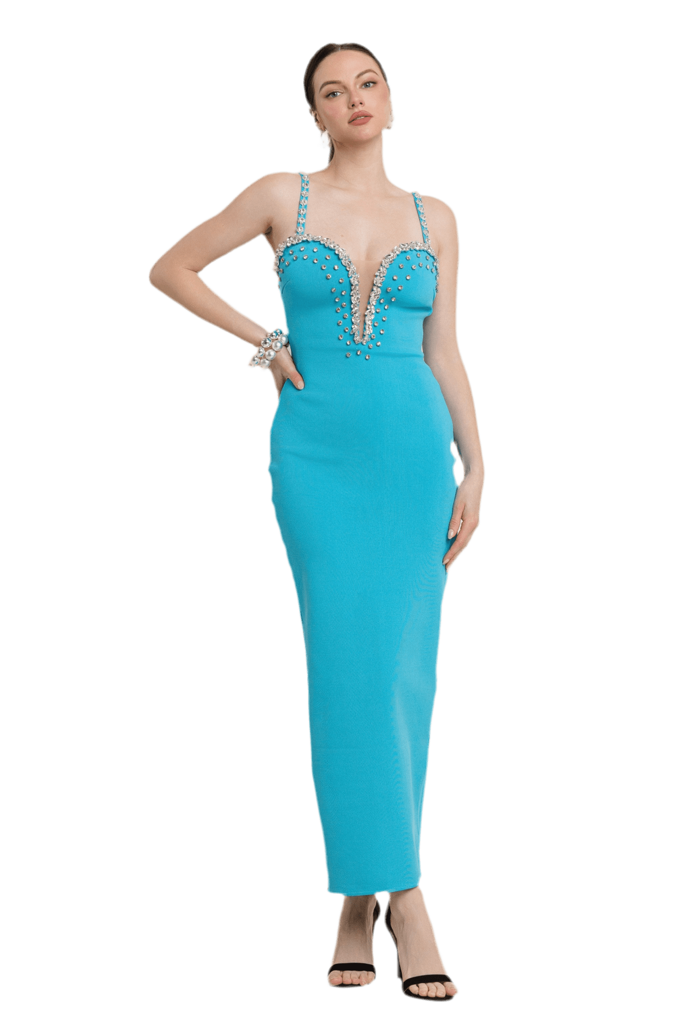 RHINESTONE EMBELLISHED SWEEYHEART
NECKLINE BODYCON