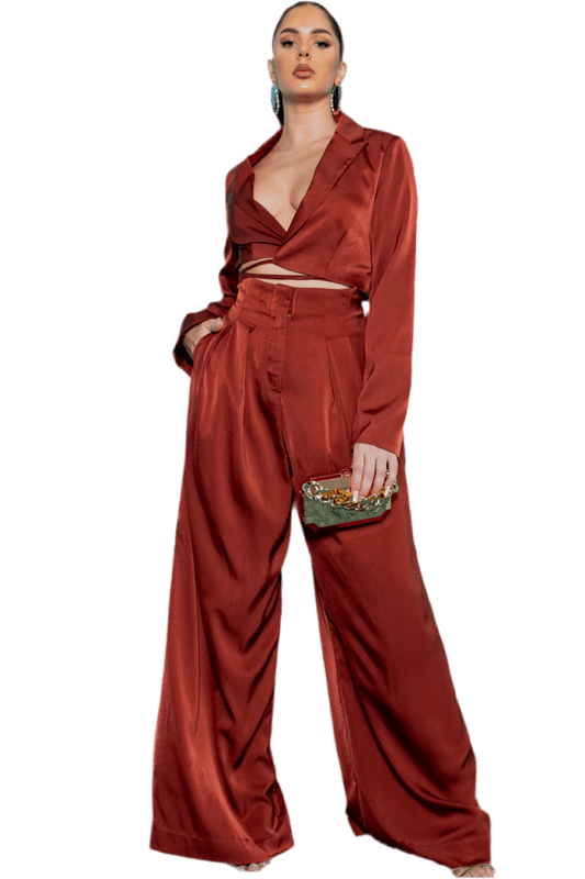 Wrap style crop blazer and wide pants set