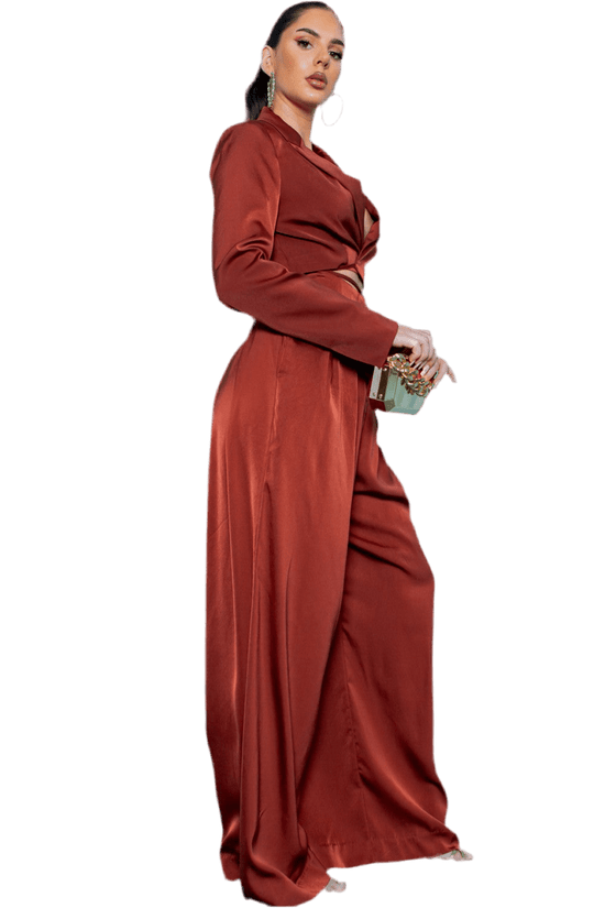 Wrap Style Blazer and Pants Set - Chic Crop Blazer with Wide Leg Pants - Akana
