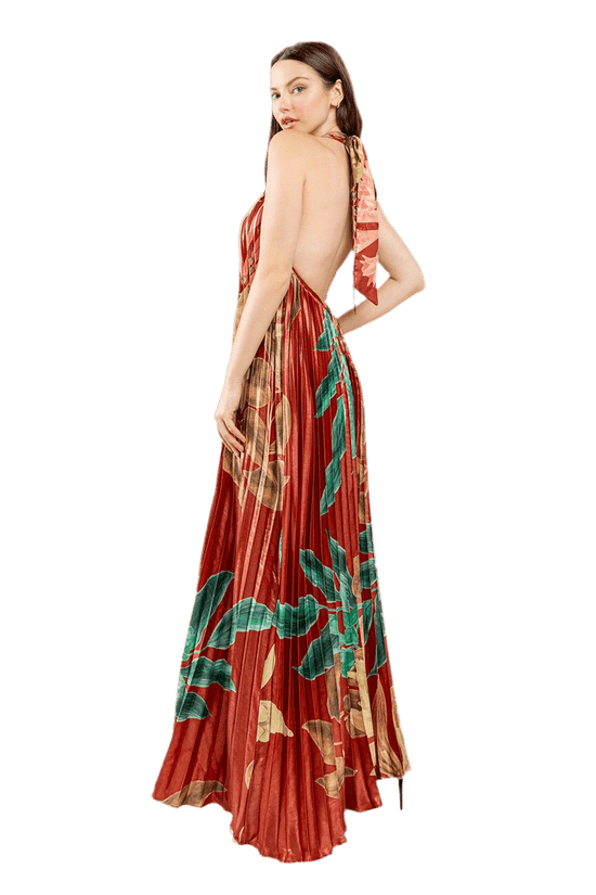 PLEATED FLORAL HALTER MAXI DRESS - Effortless Elegance Awaits, Shop Now - Akana Style