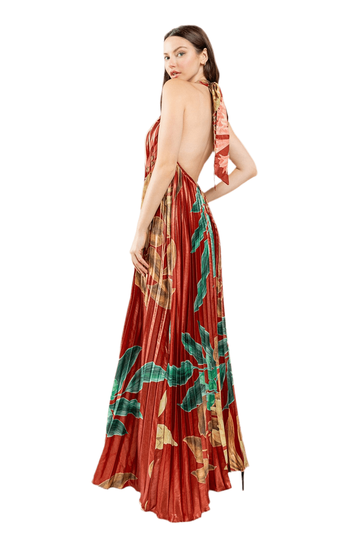 PLEATED FLORAL PRINT HALTER MAXI DRESS