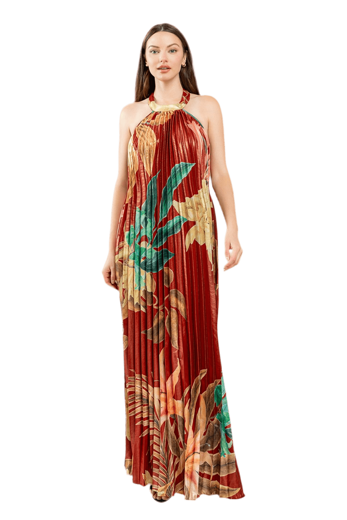 PLEATED FLORAL PRINT HALTER MAXI DRESS