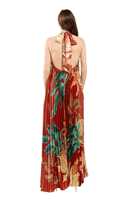 PLEATED FLORAL HALTER MAXI DRESS - Effortless Elegance Awaits, Shop Now - Akana Style