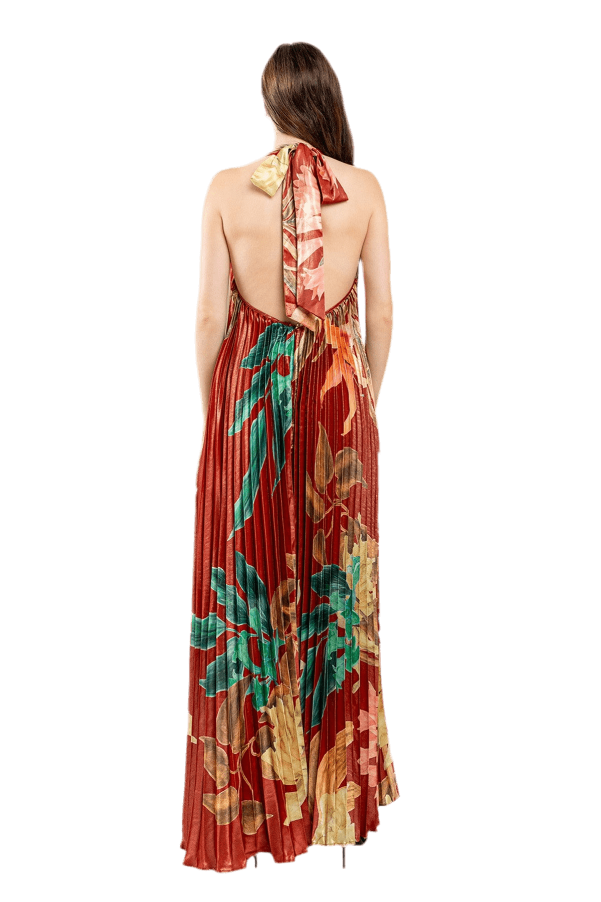 PLEATED FLORAL PRINT HALTER MAXI DRESS