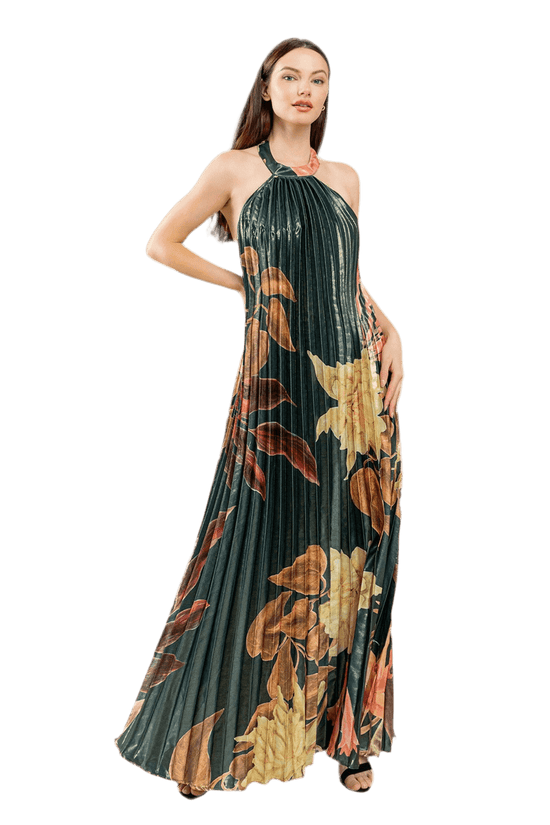 PLEATED FLORAL HALTER MAXI DRESS - Effortless Elegance Awaits, Shop Now - Akana Style