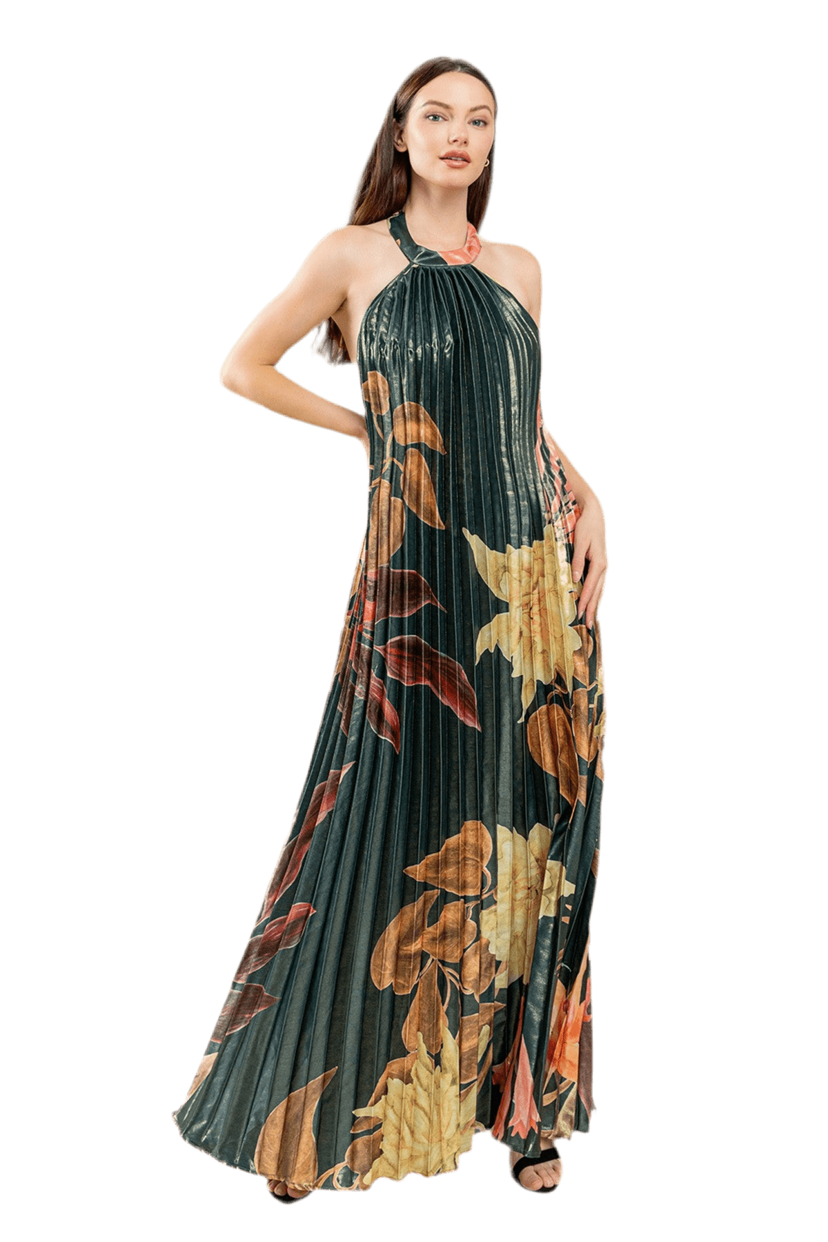 PLEATED FLORAL PRINT HALTER MAXI DRESS