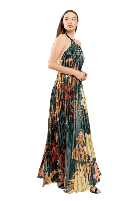 PLEATED FLORAL HALTER MAXI DRESS - Effortless Elegance Awaits, Shop Now - Akana Style