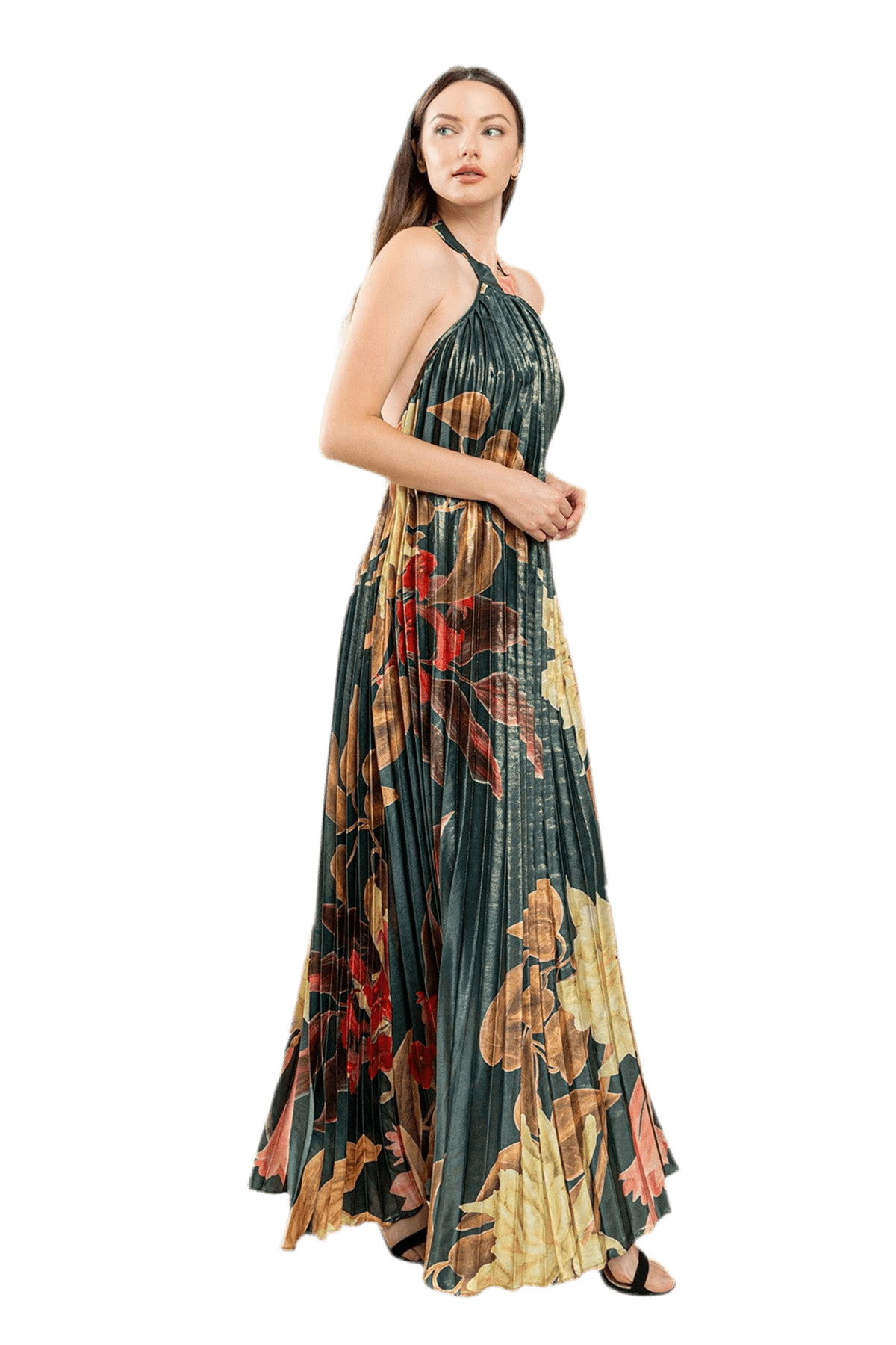 PLEATED FLORAL PRINT HALTER MAXI DRESS