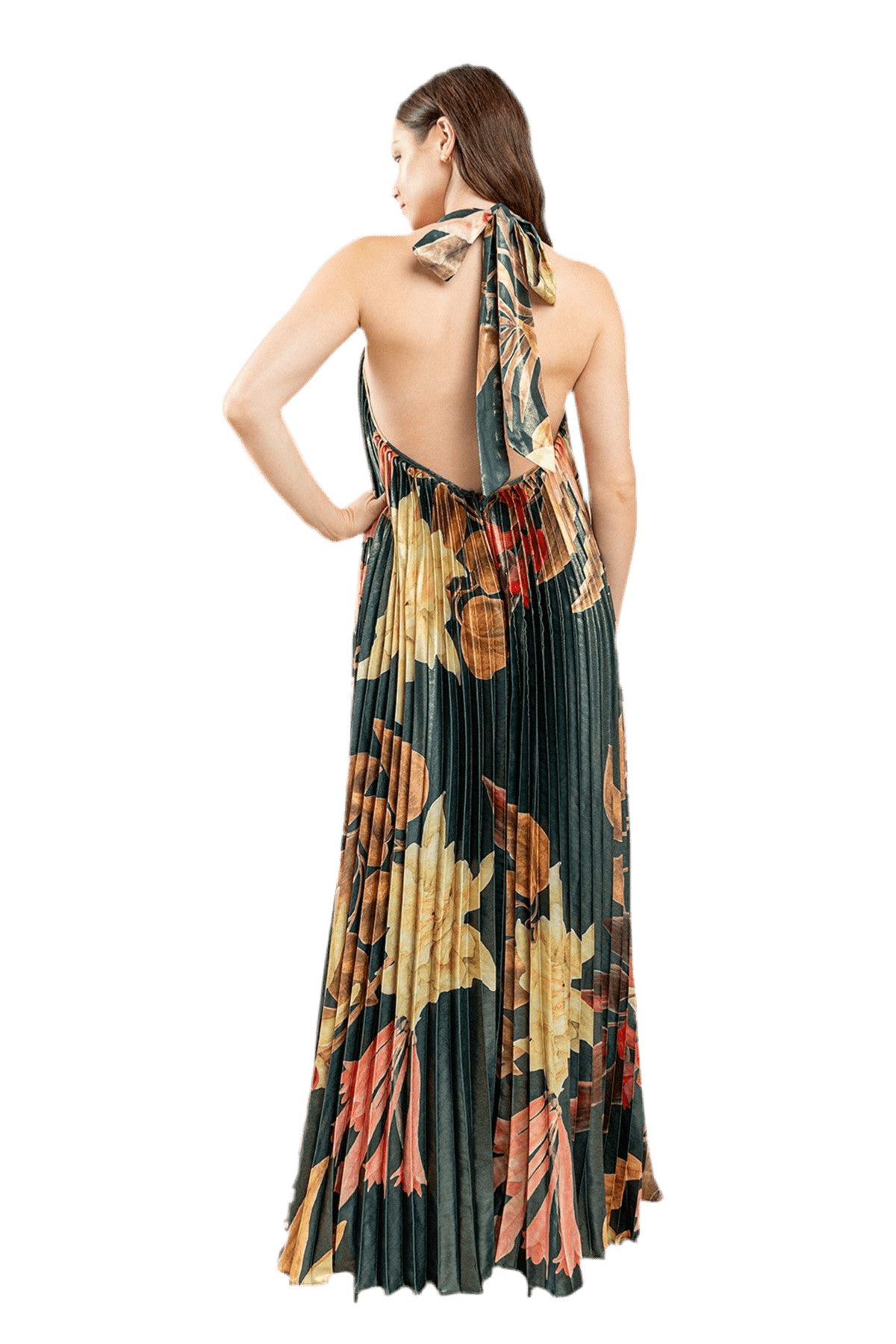 PLEATED FLORAL PRINT HALTER MAXI DRESS