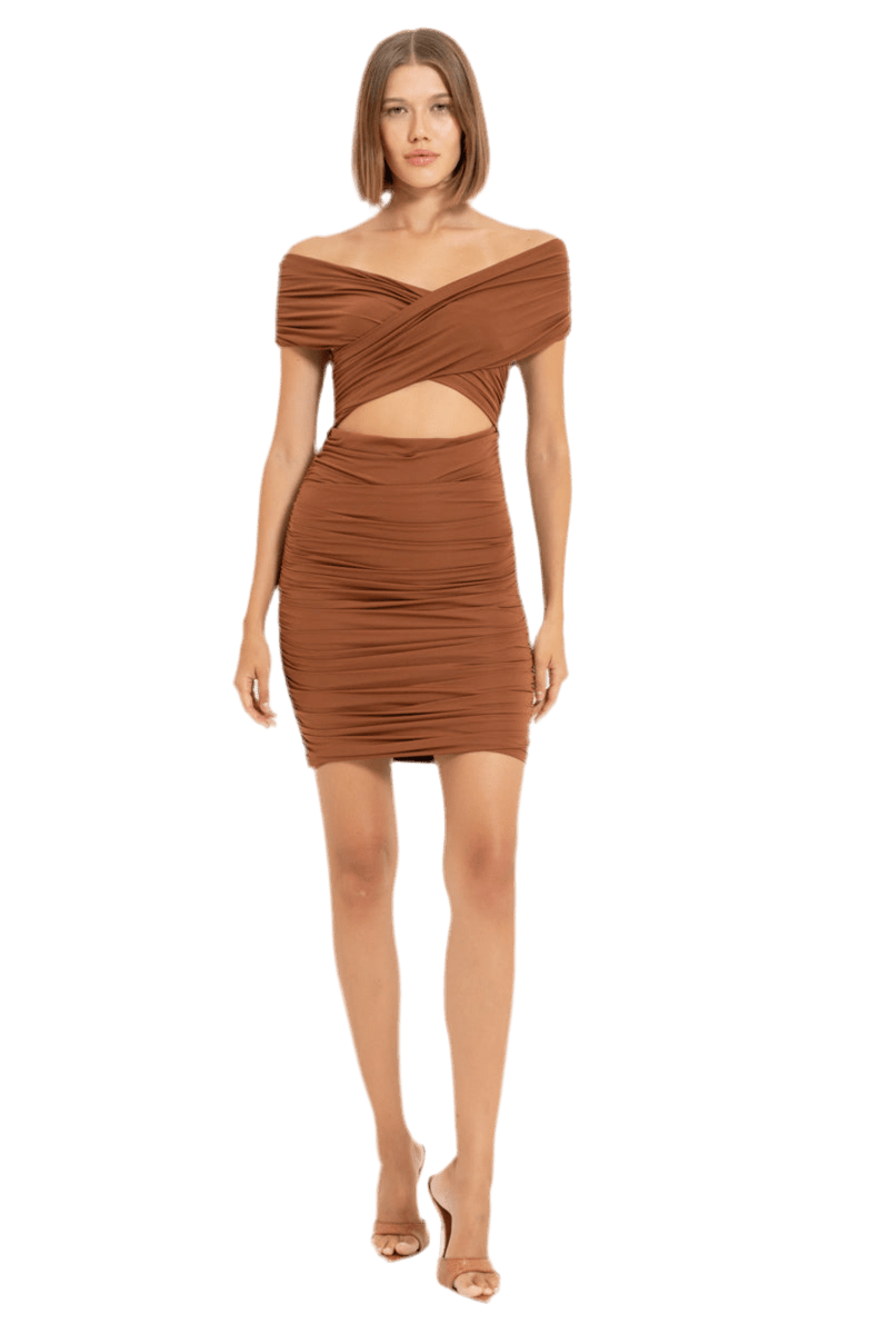 CROSS-YOKE SHIRRED DRESS