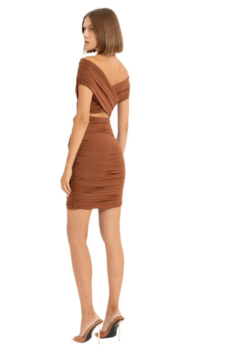 CROSS-YOKE SHIRRED DRESS